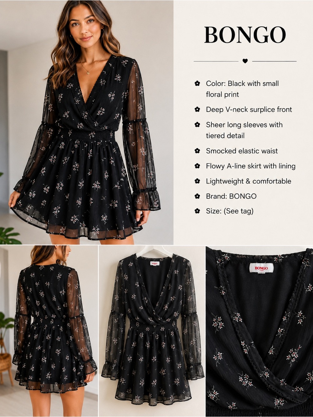 BONGO Black Floral Surplice Romper with Sheer Long Sleeves